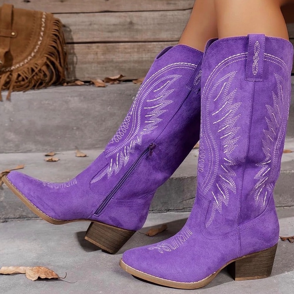 Fomoti Womens Purple Faux Suede Western Cowboy Boots Embroidered Sz 11 NEW